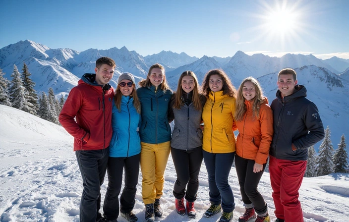 A group of friends celebrating on a snowy mountain top