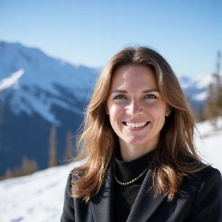 Portrait of a smiling woman with a snowy mountain background