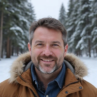 Portrait of a man in winter gear against a forest backdrop