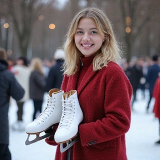 Portrait of a young woman with ice skates and a rink in the background