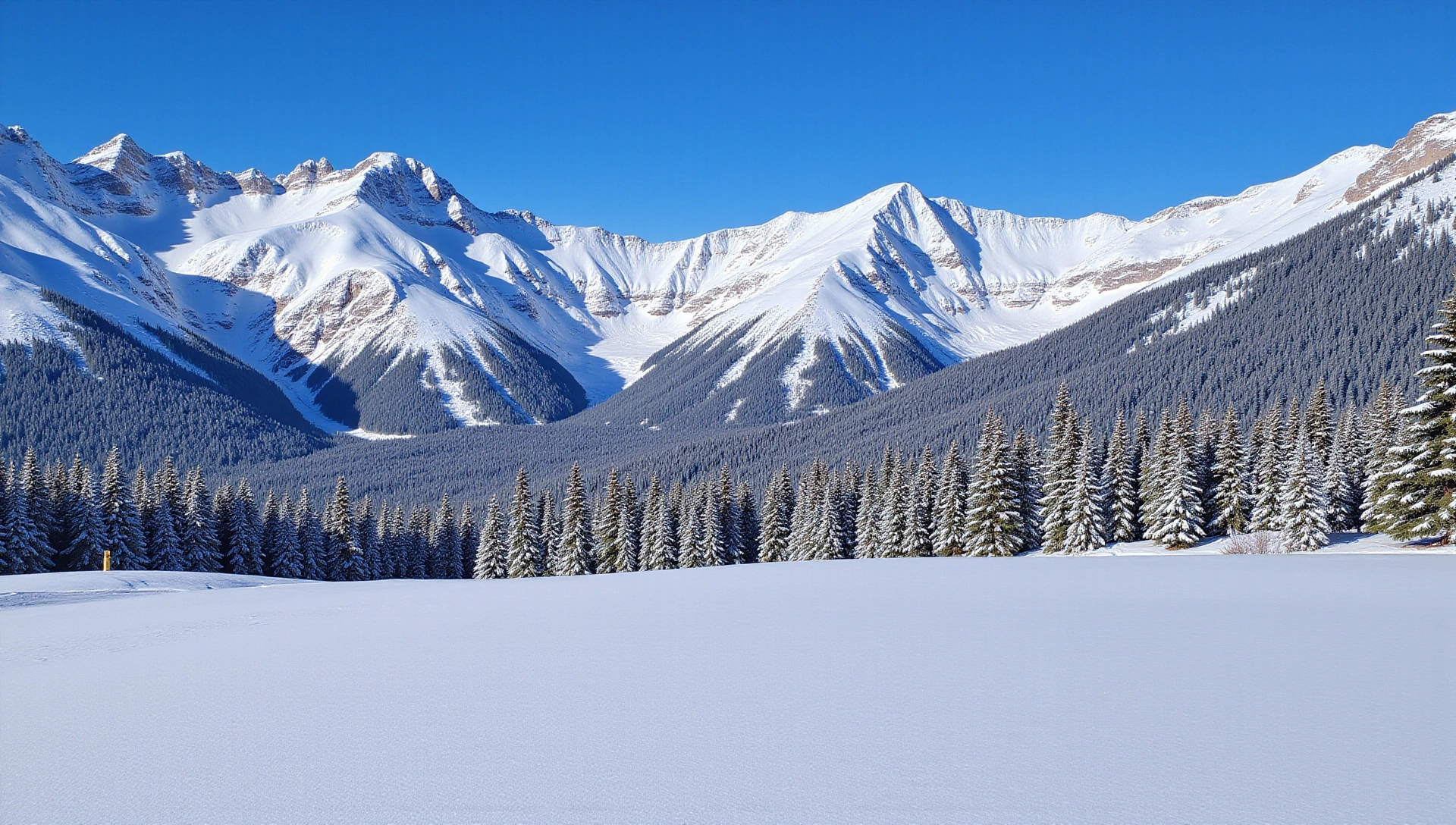 Scenic winter landscape with snow-covered mountains and trees