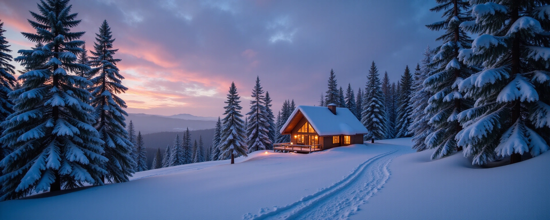 A serene winter landscape with snow-covered trees and a cozy cabin in the distance, evoking a sense of calm and welcome.