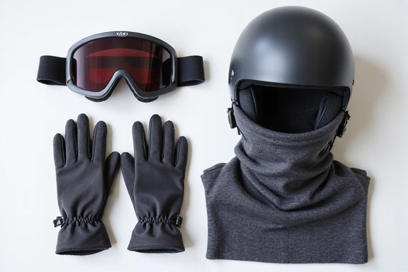 A collection of winter sports accessories: goggles, helmets, gloves, and neck gaiters.