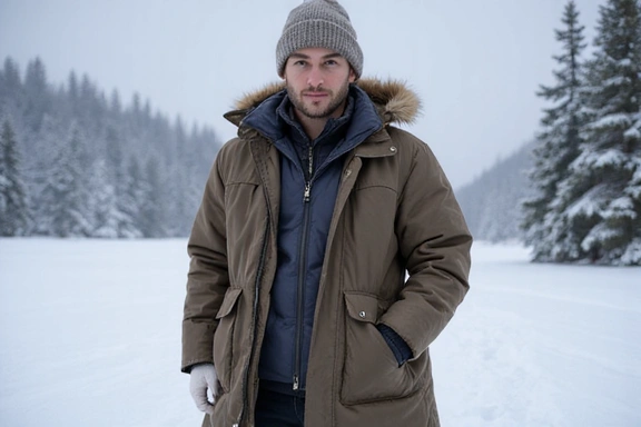A person dressed in multi-layered winter clothing, standing in a snowy landscape, demonstrating cold weather preparedness.