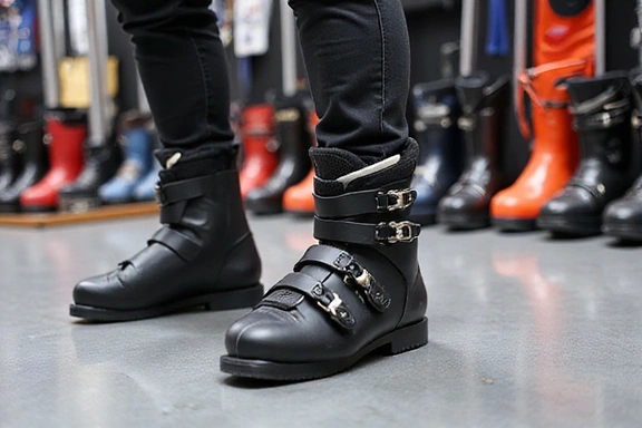 A person trying on a pair of ski boots in a pro shop, with various boots in the background.