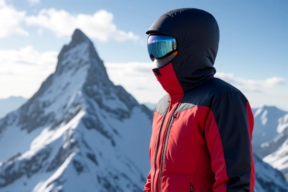 A technical winter jacket suitable for extreme cold, displayed on a snowy mountain background.