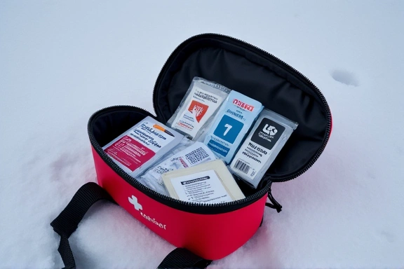 A first aid kit specifically designed for winter sports, laid open on a snowy surface.