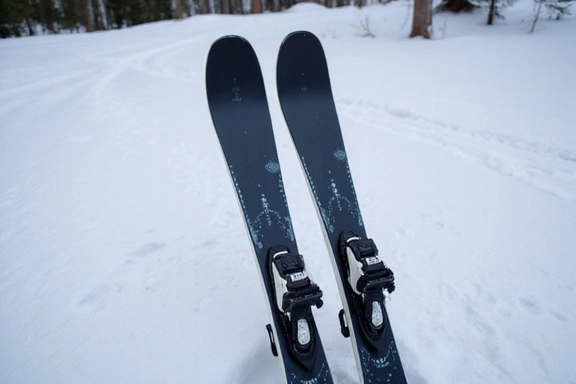 A pair of entry-level skis leaning against a snowy backdrop, ready for a beginner.