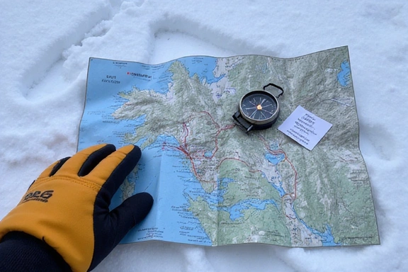 A map and compass laid out on snow, symbolizing navigation and route planning.