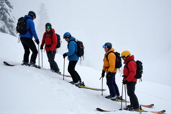 A group of skiers practicing avalanche safety protocols with transceivers and probes in deep snow.