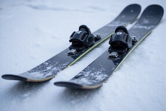 Close-up of high-performance all-mountain skis with bindings.