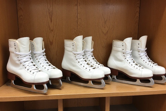 Different types of ice skates (hockey, figure, recreational) displayed on a wooden bench.