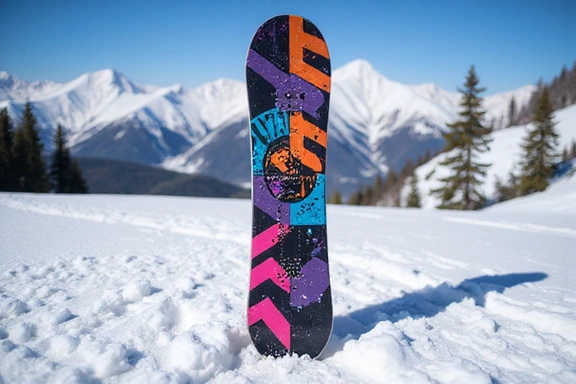 Modern freestyle snowboard with colorful graphics.