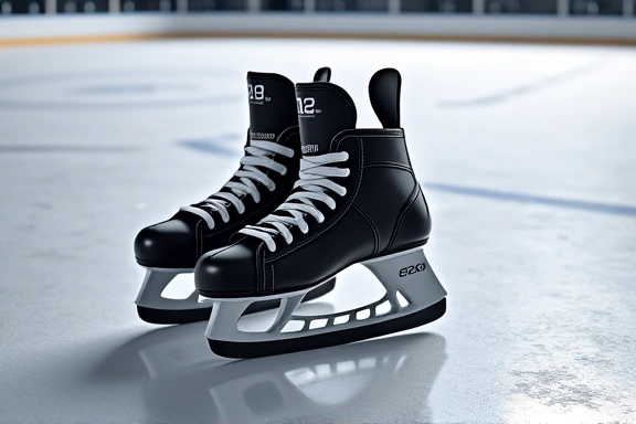 Pair of sleek ice hockey skates on an ice rink.