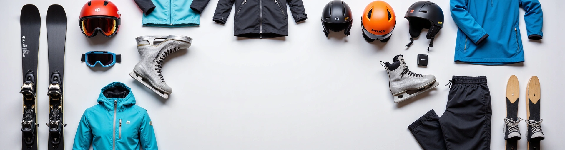Various modern winter sports equipment neatly arranged: skis, snowboards, ice skates, helmets, goggles, and winter apparel.