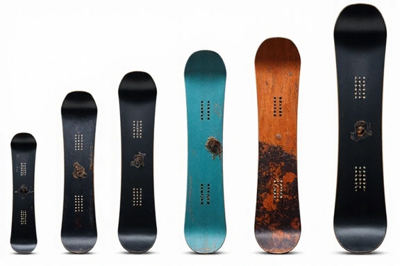 Various snowboards of different lengths and styles arranged for comparison.