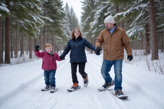Family snowshoeing in a winter forest