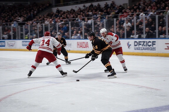 Ice hockey game in progress with players on ice