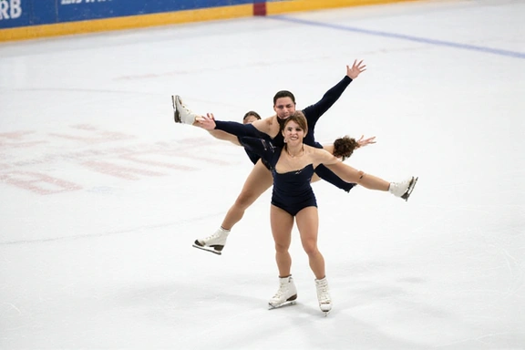 A synchronized figure skating team performing a complex formation, showcasing teamwork and precision on the ice.