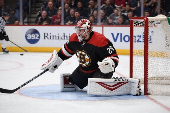 A goalie making a spectacular save during an ice hockey game, puck frozen in mid-air near the net, intense focus.