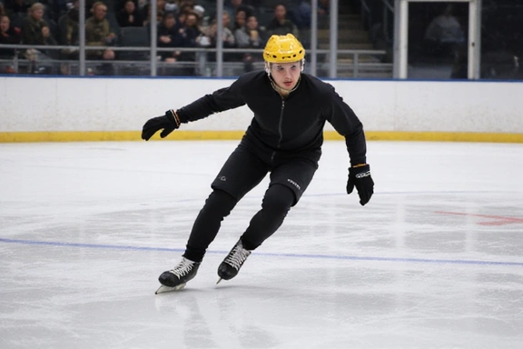 A speed skater rounding a corner at high velocity, leaning sharply into the turn, with motion blur indicating speed.