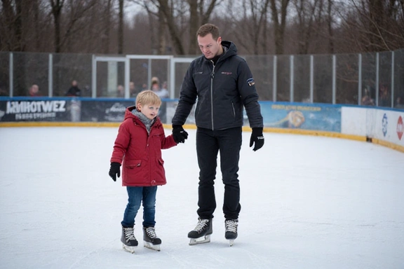 A young child learning to skate, being gently guided by an instructor on a public ice rink, conveying joy and discovery.