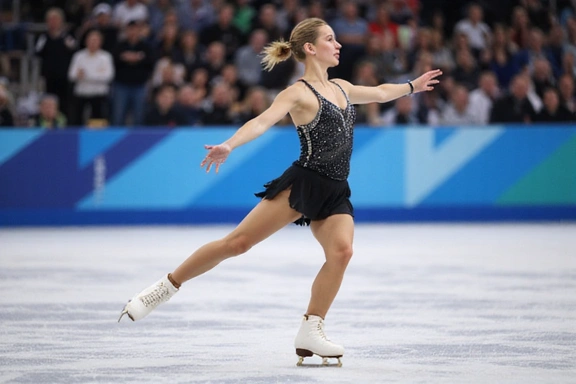 A figure skater performing a dynamic jump against a blurred, vibrant ice rink background, showcasing athleticism and grace.