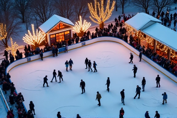 An aerial view of a bustling outdoor ice rink during winter, filled with people skating, festive lights in the background.