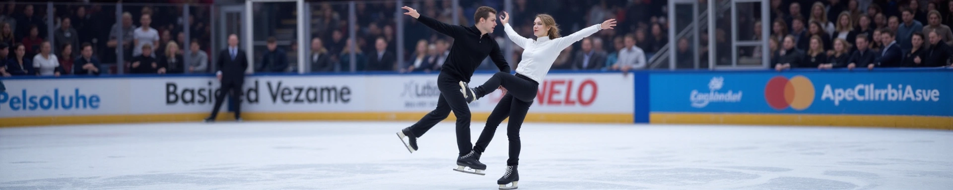 Dynamic shot of ice skaters performing a graceful lift on a brightly lit ice rink, with blurred audience in the background, conveying elegance and skill.