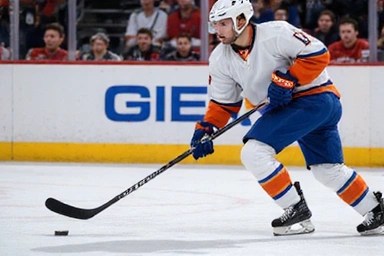 Ice hockey player in action, stick-handling the puck with intense focus, surrounded by the fast-paced energy of a game.