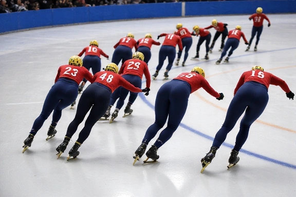 Short track speed skaters in a tight pack, jostling for position on a curved track, dynamic and action-packed.
