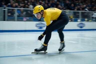 Speed skater in a low, aerodynamic crouch, racing around a track with incredible speed and focus, blurred background showing motion.
