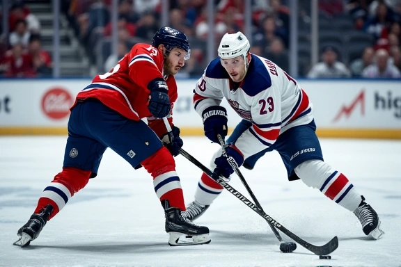 Two ice hockey players in a fierce battle for the puck, dramatic action shot with ice spray and intense expressions.