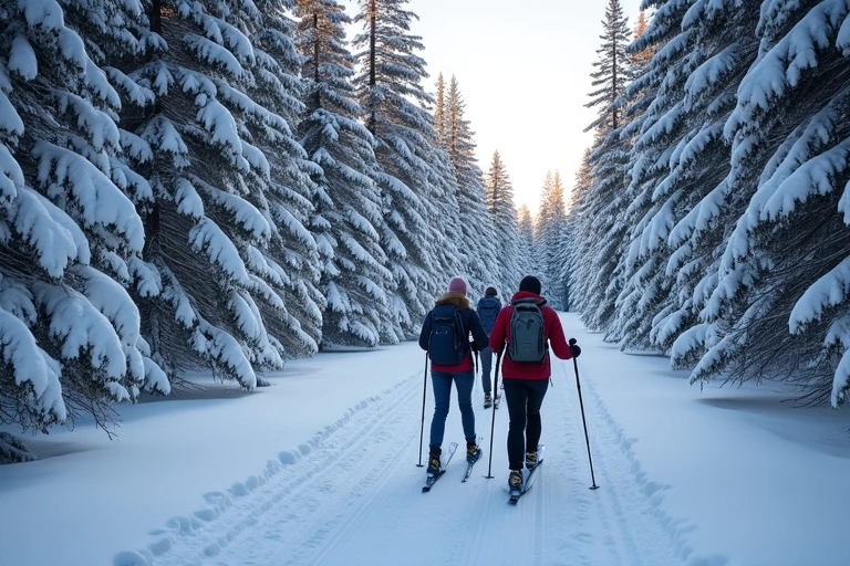 Group of friends cross-country skiing through a serene winter forest