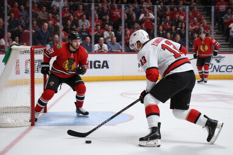 Ice hockey player scoring a goal in a fast-paced game