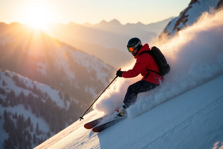 Skier making a sharp turn on a snowy mountain, sun shining