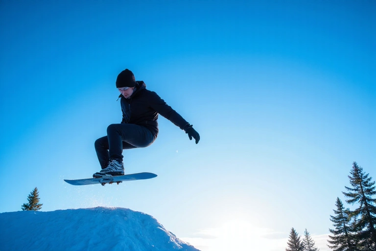 Snowboarder mid-air performing a trick against a blue sky