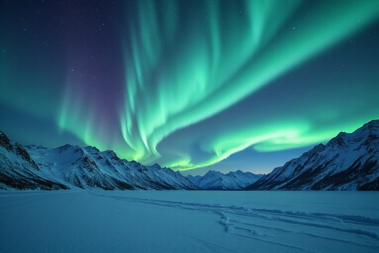 Spectacular view of an aurora borealis over a snow-covered landscape
