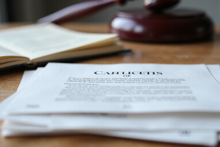Legal documents on a desk with a gavel