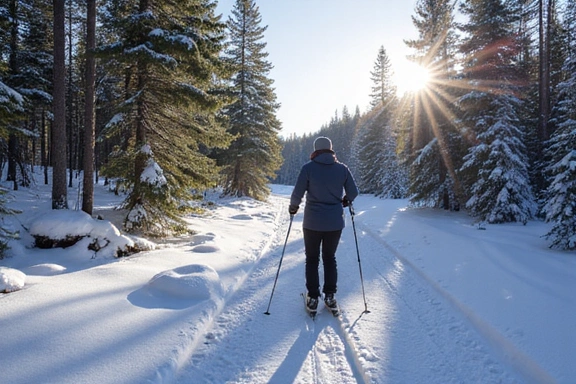 Cross-country skier gliding through a snowy forest