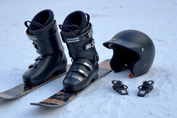 Ski boots, bindings, and helmet