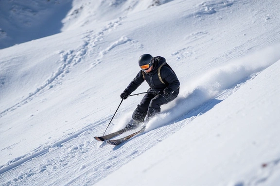 Skier carving on groomed slope