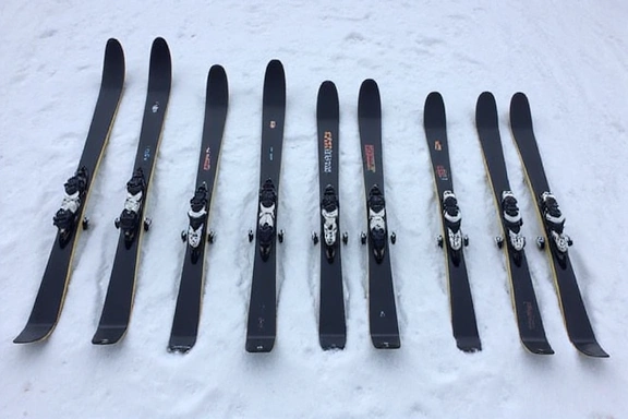 Types of skis laid out on snow
