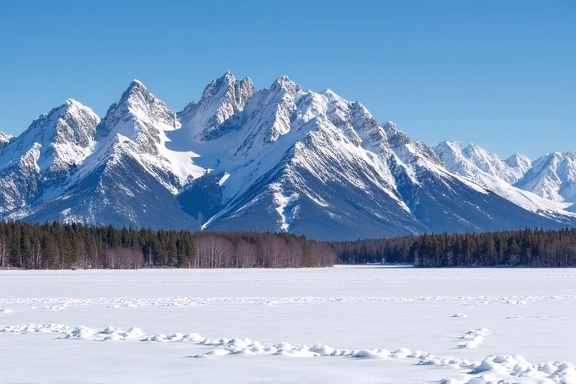Grand Teton National Park covered in fresh snow with a clear blue sky