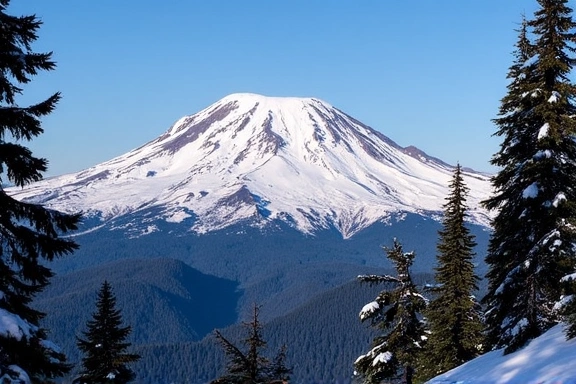 Mount Rainier National Park with its majestic snow-capped volcano and evergreen trees