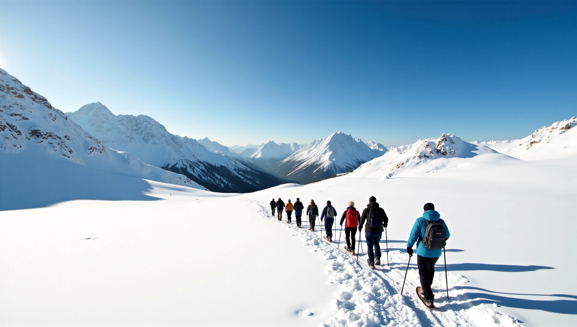 People snowshoeing in a vast, pristine snowy mountain landscape under a clear blue sky