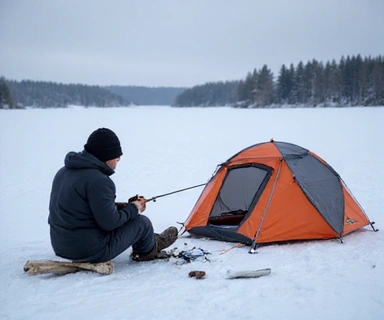 Person ice fishing on a frozen lake with a small tent and fishing gear