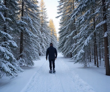 Person snowshoeing through a snowy forest with tall pine trees