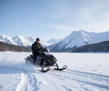 Snowmobiler speeding across a vast open snowy field with mountains in the distance
