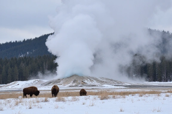 Yellowstone National Park's Old Faithful geyser steaming in a snowy landscape